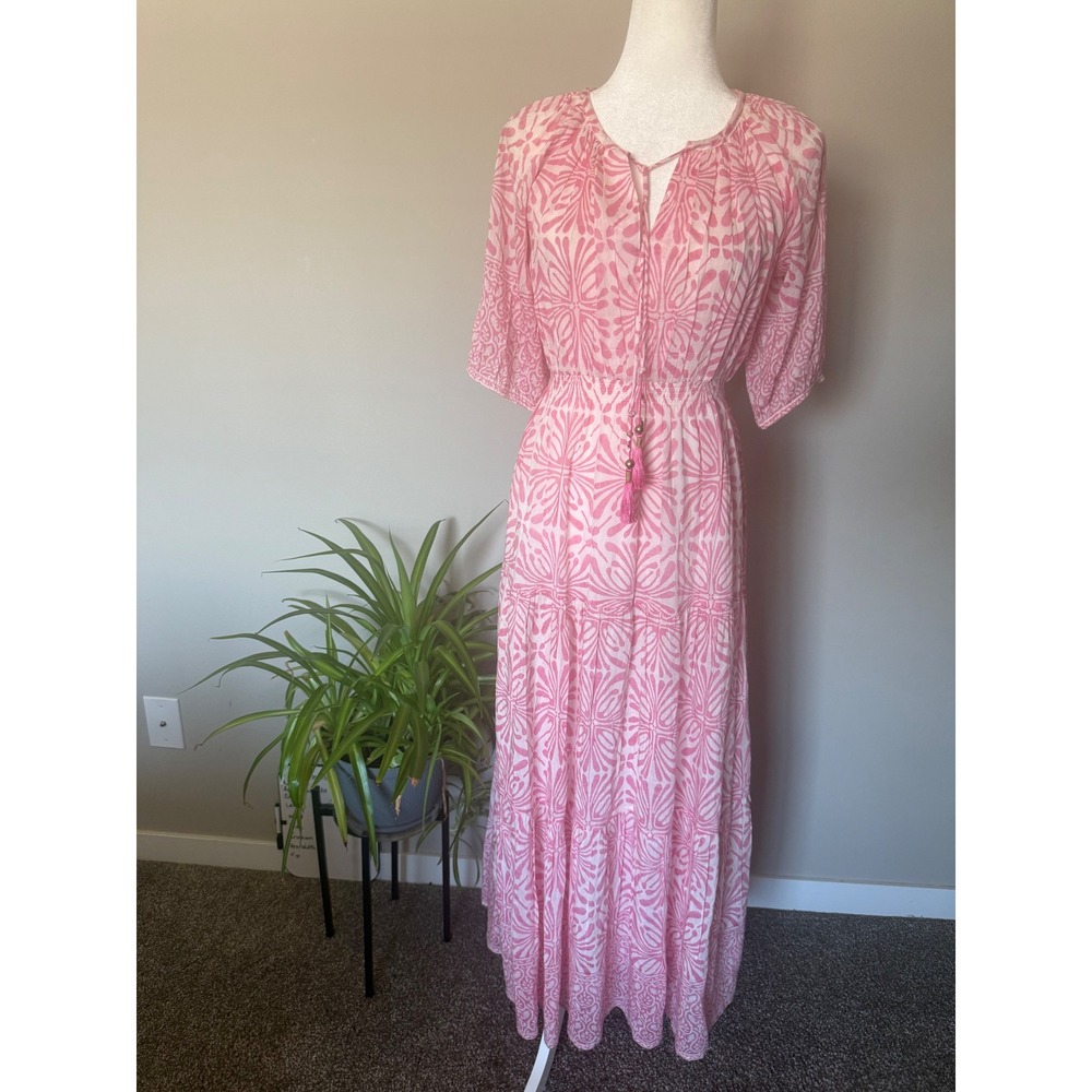 Hunter Bell Maxi Dress S Pink/White EUC Tiered Cotton Silk Boho Tassel Tie Event